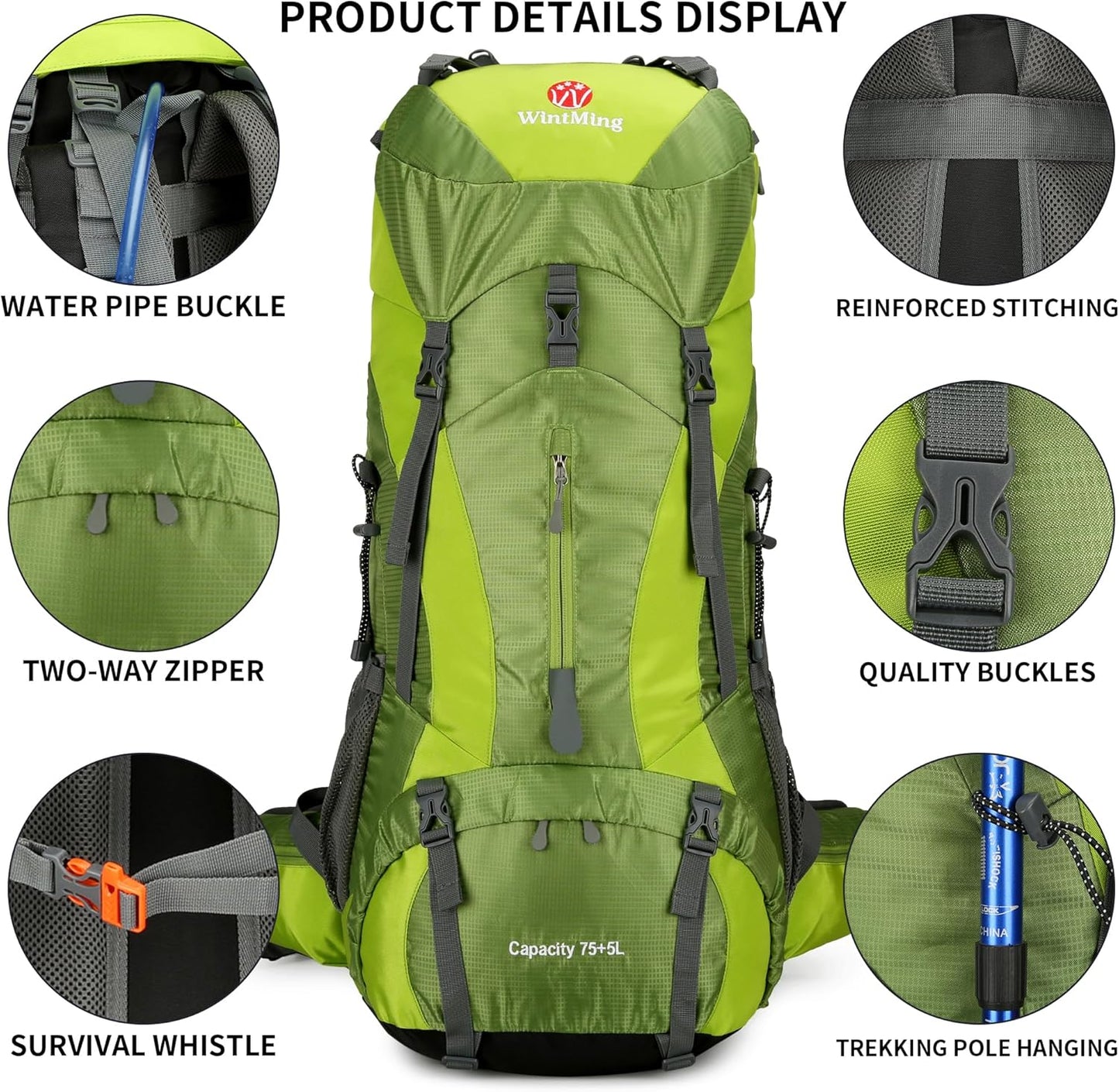 75L Hiking Backpack with Rain Cover Waterproof Camping Backpack Shoes Warehouse for Men Women, Frameless