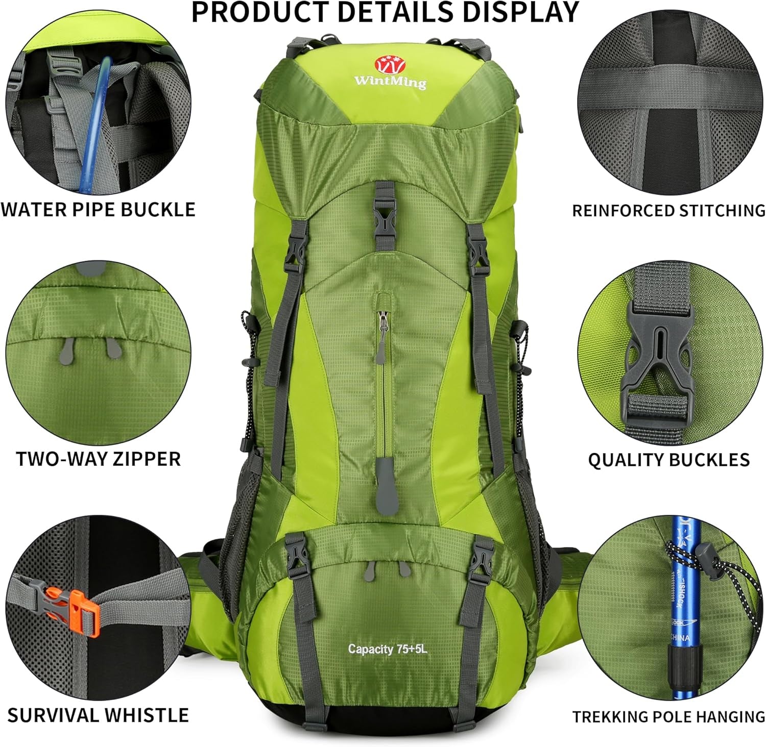 75L Hiking Backpack with Rain Cover Waterproof Camping Backpack Shoes Warehouse for Men Women, Frameless